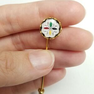 Vintage Stick Pin Brooch, Colorful Abstract Design Center, Gold Tone Metal